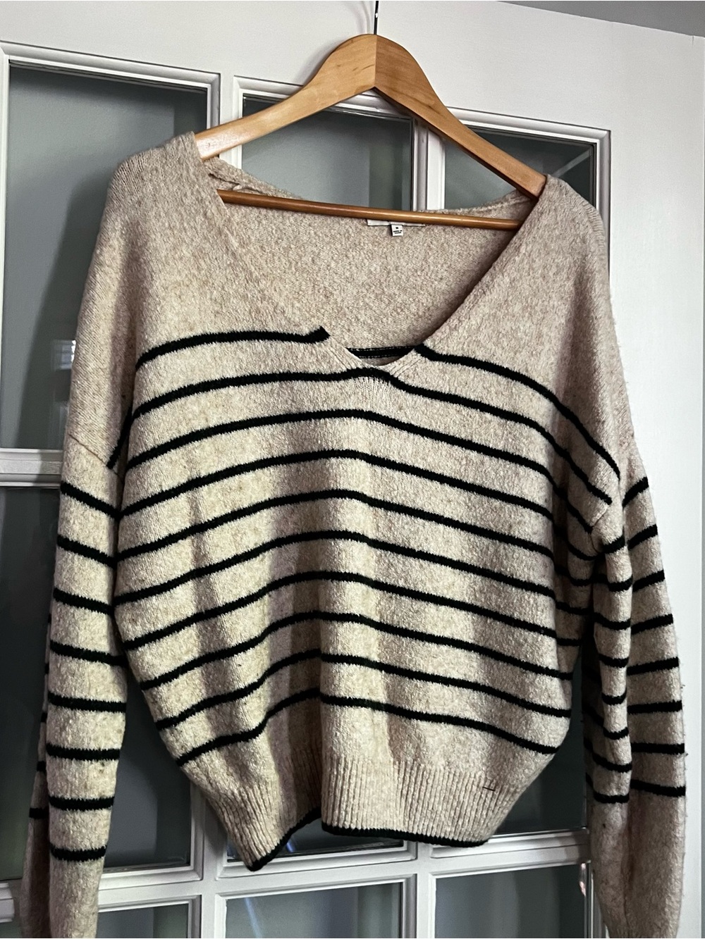 Madewell Cream and Black Striped V-Neck Sweater